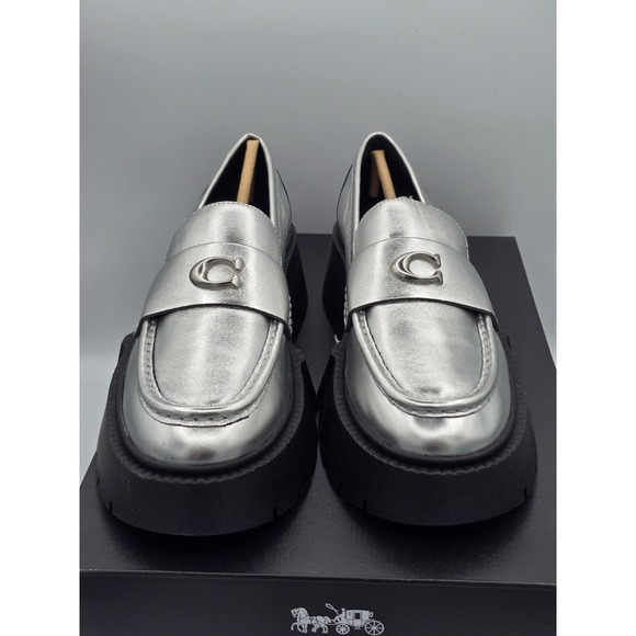 Coach Leah Metallic Leather Silver Loafers Chunky Heel SIZE 8.5 B NEW MSRP $195 main image 7